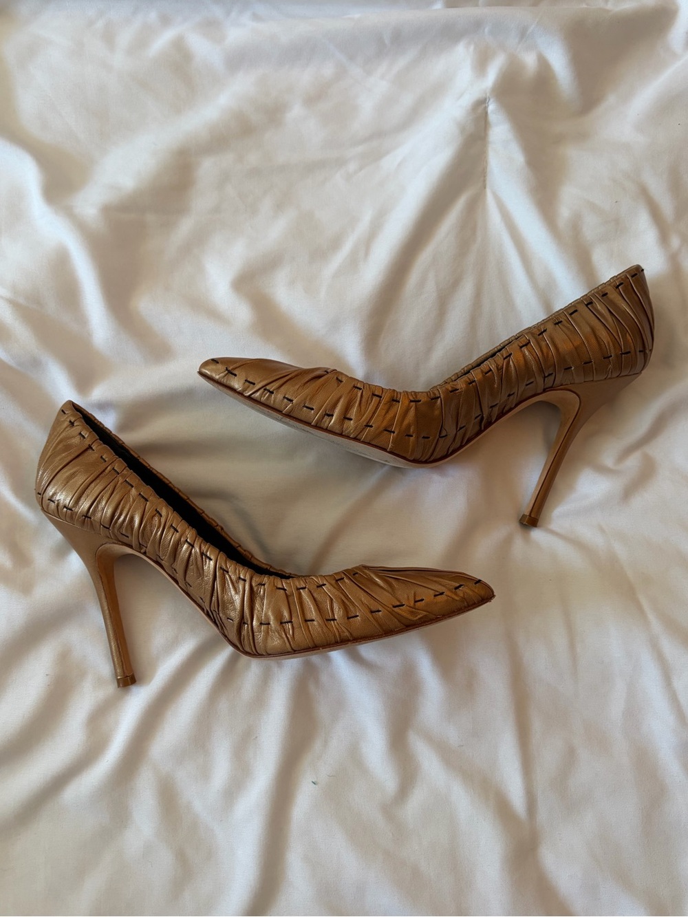 Manolo Blahnik Embroidered Pointed-Toe Gold Pumps